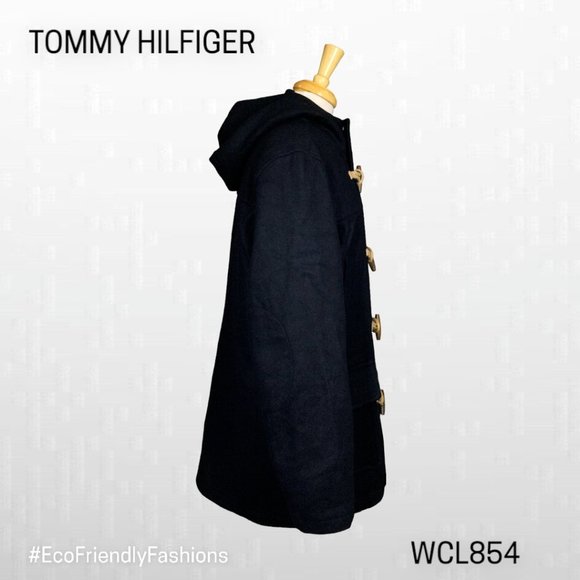 Tommy Hilfiger Mens Black Wool Blend Hooded Toggle Duffle Pea Coat Size Medium i - Picture 2 of 6